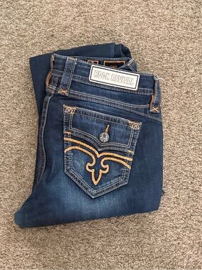 Rock Revival Women's Dark Blue Bootcut Jeans with Tan Embroidery